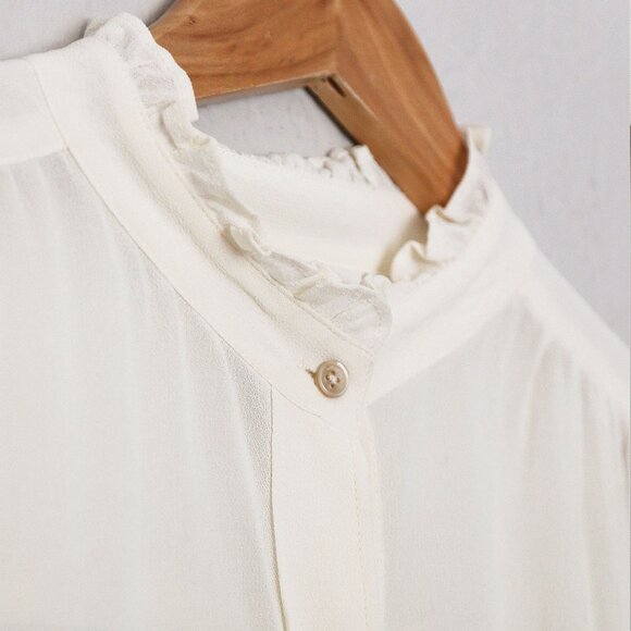 Aritzia Wilfred Ruffle High Neck Button Front Blouse Shirt S Cream Semi Sheer - Picture 5 of 15